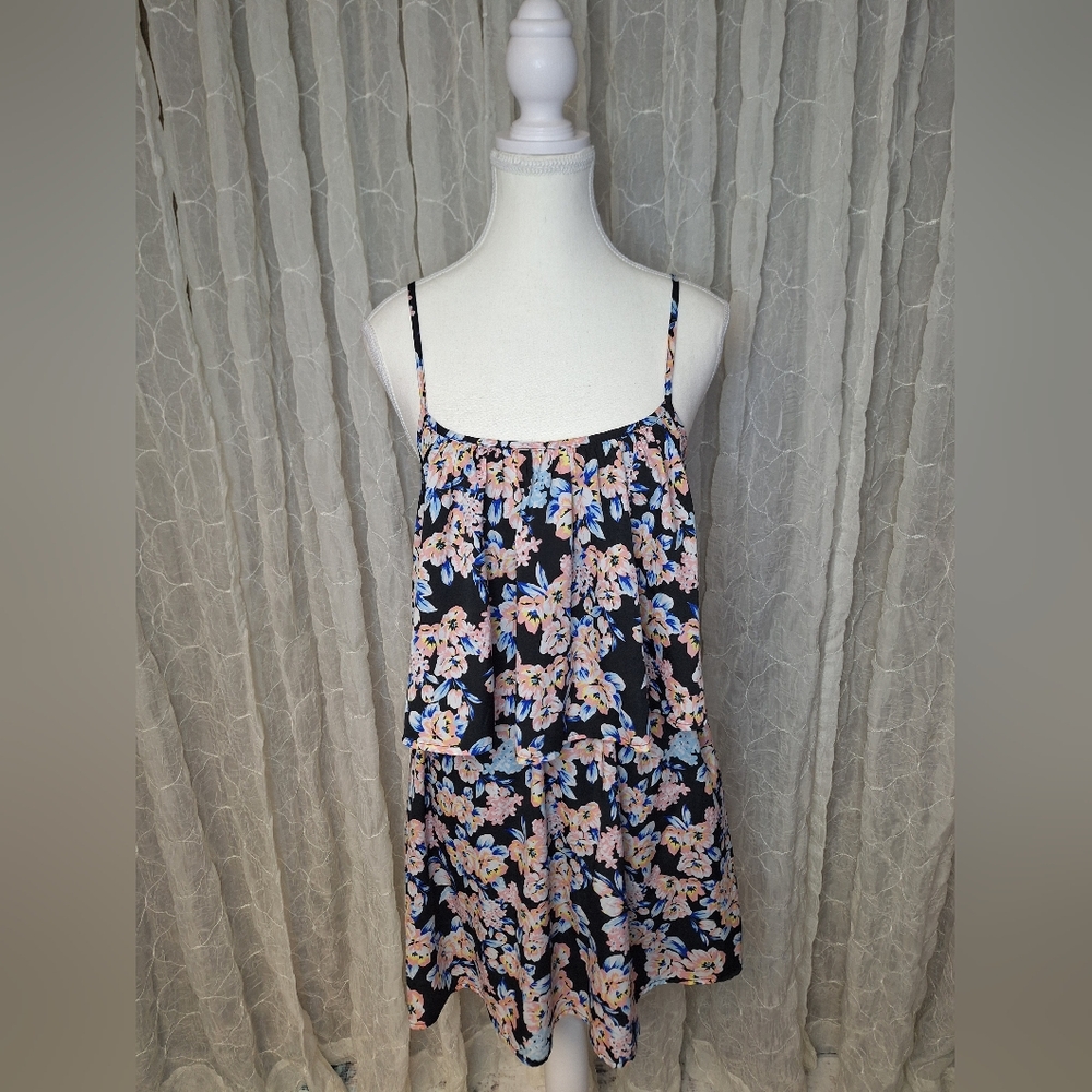 Charlotte Russe Ruffel Tiered Layer Fully Lined Black Floral Colorful SunDress M